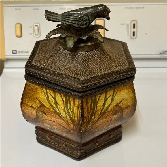 Hexagonal Decorative Bird-Top Trinket Box in Antique Bronze and Gold - Picture 2 of 5